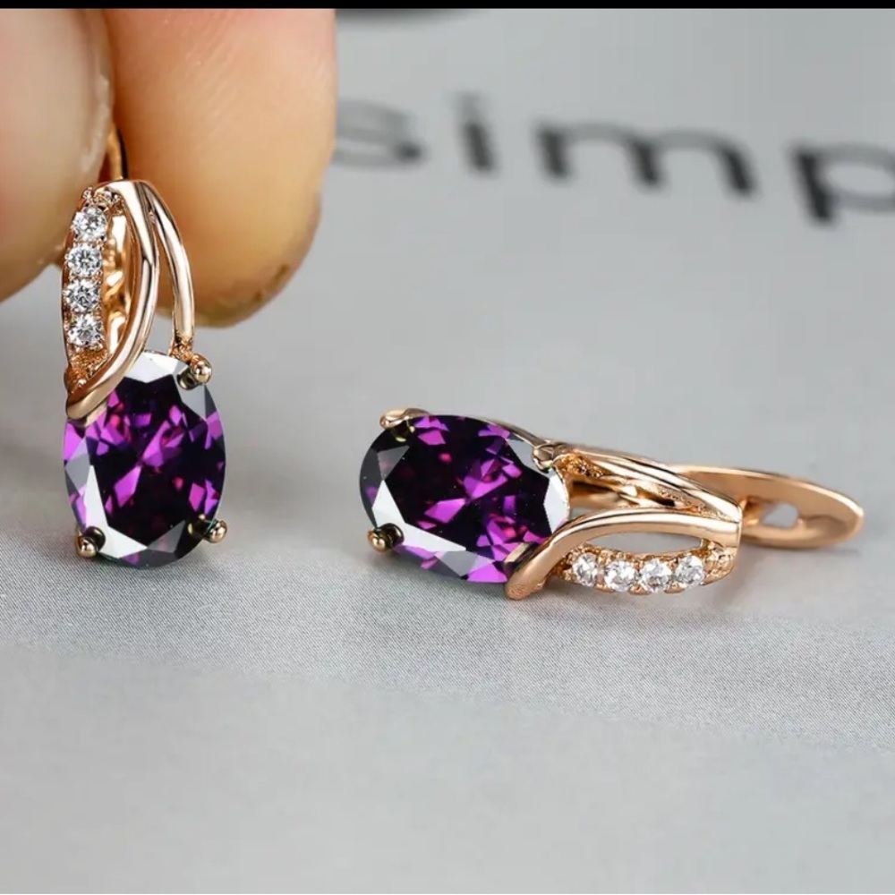 18k Gold Plated Water Drop Purple Diamond Earrings